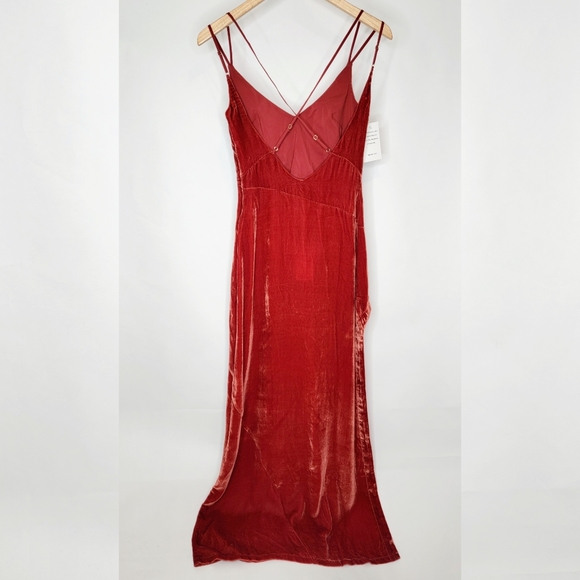 NWT For Love & Lemons Nadine Velvet Maxi Dress Rust Small High Slit - Picture 2 of 11